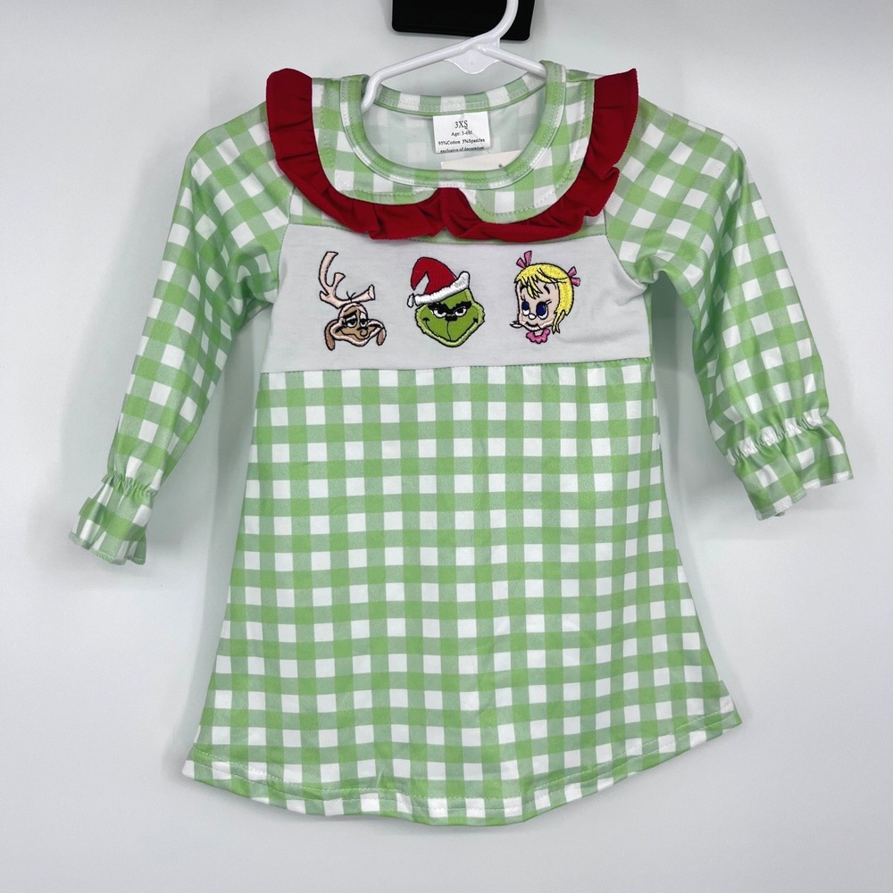 Grinch‎ Christmas Dress Girls 3-6M Green Gingham Smocked Embroidered